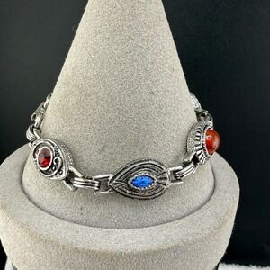 Vintage Sarah Coventry Bracelet Silver Multi Color Rhinestone 
Link 7.5"